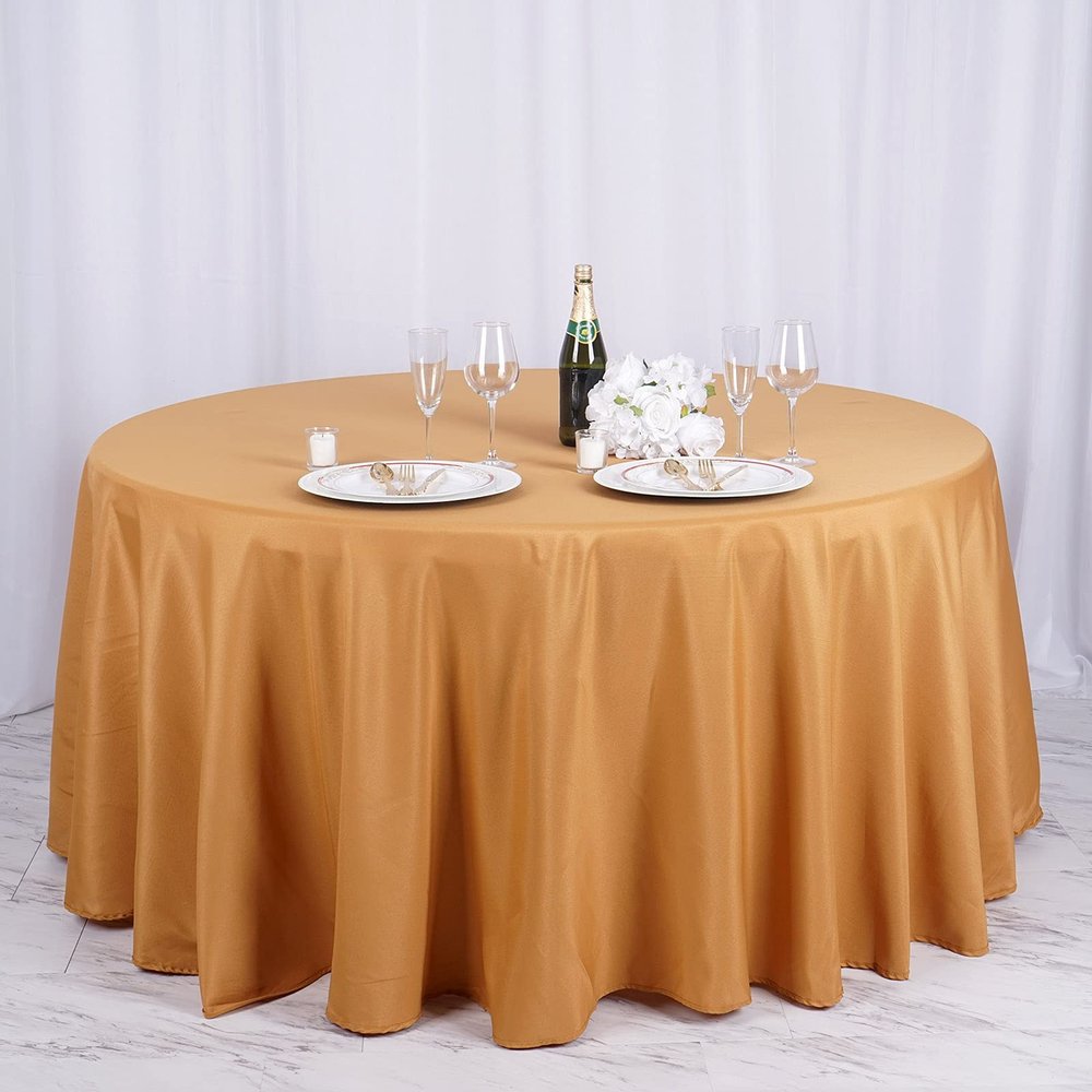132" Inch Round Tablecloth Polyester Circular Wrinkle Free Table Cloth Solid Soft Dinner Table Cover for Buffet Table, Wedding, Parties and Dinner - Gold