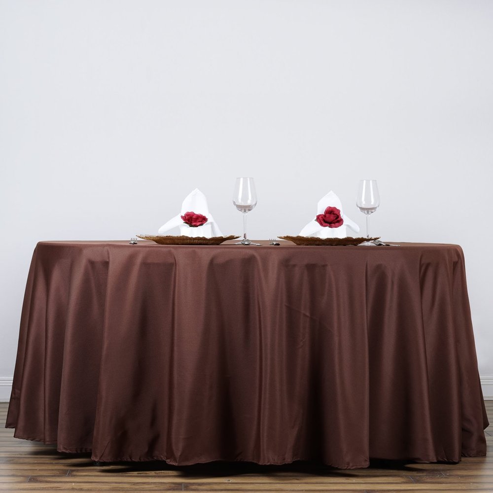 132" Inch Round Tablecloth Polyester Circular Wrinkle Free Table Cloth Solid Soft Dinner Table Cover for Buffet Table, Wedding, Parties and Dinner - Chocolate