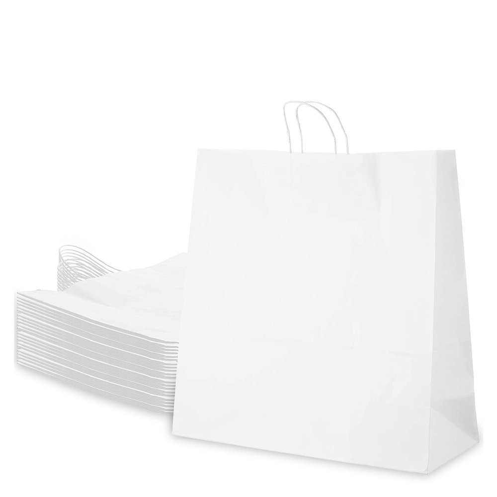 EcoQuality Large White Kraft Paper Bags with Handles 13x7x17 inches, Shopping, Gift Bags, Party, Retail, Merchandise, Lunch Bags, Grocery Bags, Strong, Reusable, Durable, Ecofriendly (150)