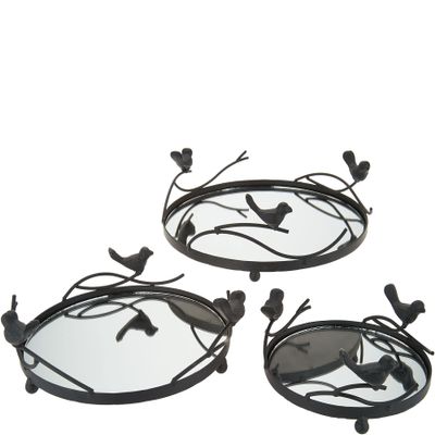 Set of 3 Mirrored Metal Trays w/Bird Design by Valerie in Black