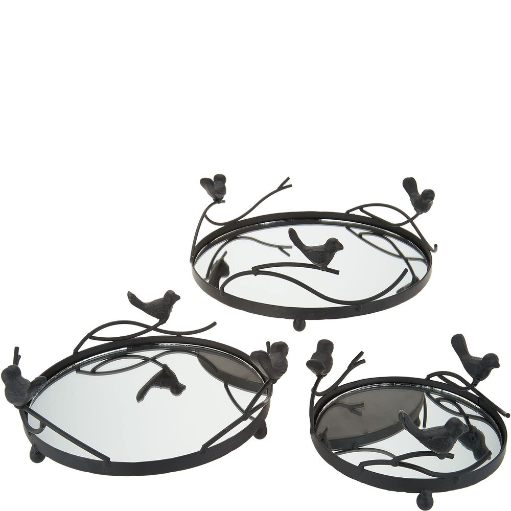 Set of 3 Mirrored Metal Trays w/Bird Design by Valerie in Black