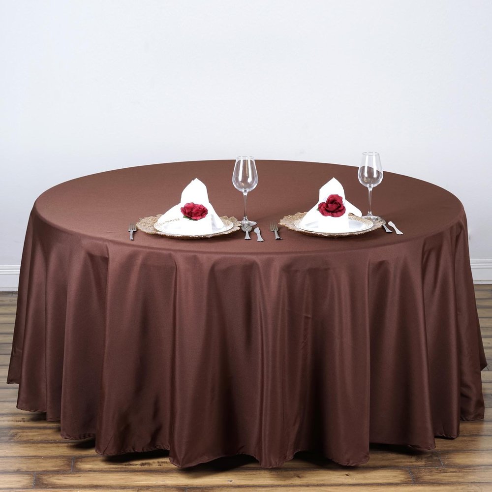 108" Inch Round Tablecloth Polyester Circular Wrinkle Free Table Cloth Solid Soft Dinner Table Cover for Buffet Table, Wedding, Parties and Dinner - Chocolate