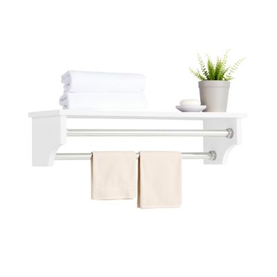 Dover 27-Inch Bathroom Wall Shelf with 2 Chrome Towel Bars  Classic and Easy Assembly Floating Shelf with Dual 24" Rods for Towels  Over Toilet or Vanity Storage by Alaterre Furniture (White)