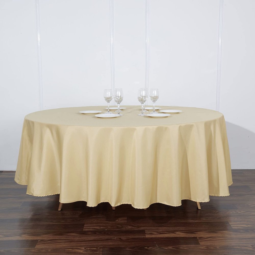 108" Inch Round Tablecloth Polyester Circular Wrinkle Free Table Cloth Solid Soft Dinner Table Cover for Buffet Table, Wedding, Parties and Dinner - Champagne