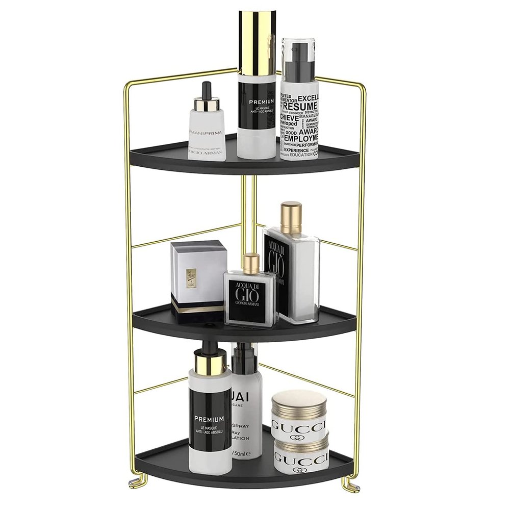 3-Tier Bathroom Countertop Organizer, Vanity Tray Cosmetic & Makeup Storage, Kitchen Spice Rack Standing Shelf, Corner Storage Shelf, Black & Golden