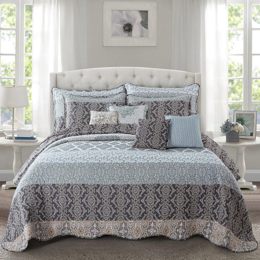 BYTIDE Bedspread Coverlet Oversized King 122" x 106" Floral Printed 9 Piece Quilt Set, Soft Lightweight Prewashed Bedding Set Bed Cover for All Season, Floral Medallion