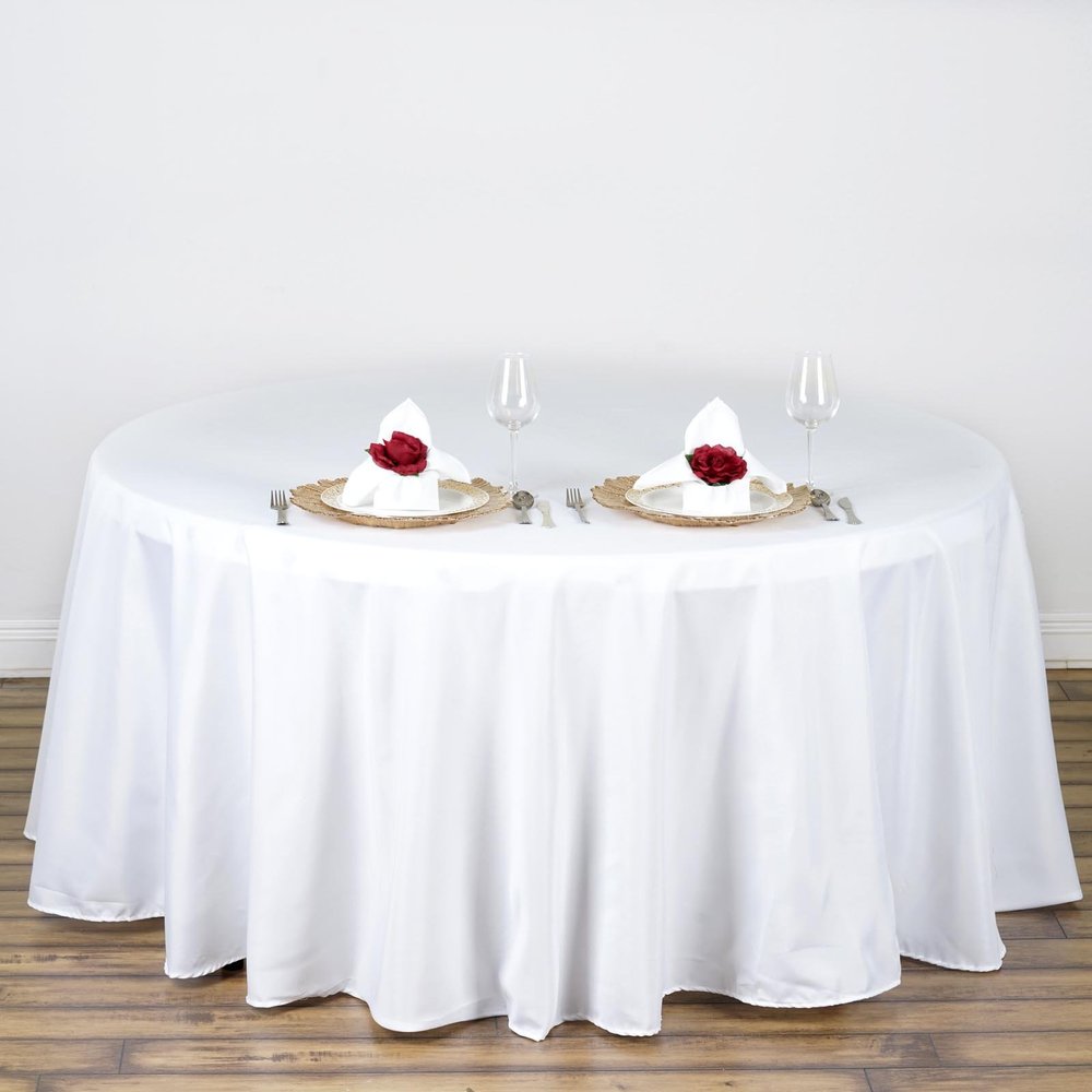 108" Inch Round Tablecloth Polyester Circular Wrinkle Free Table Cloth Solid Soft Dinner Table Cover for Buffet Table, Wedding, Parties and Dinner - White