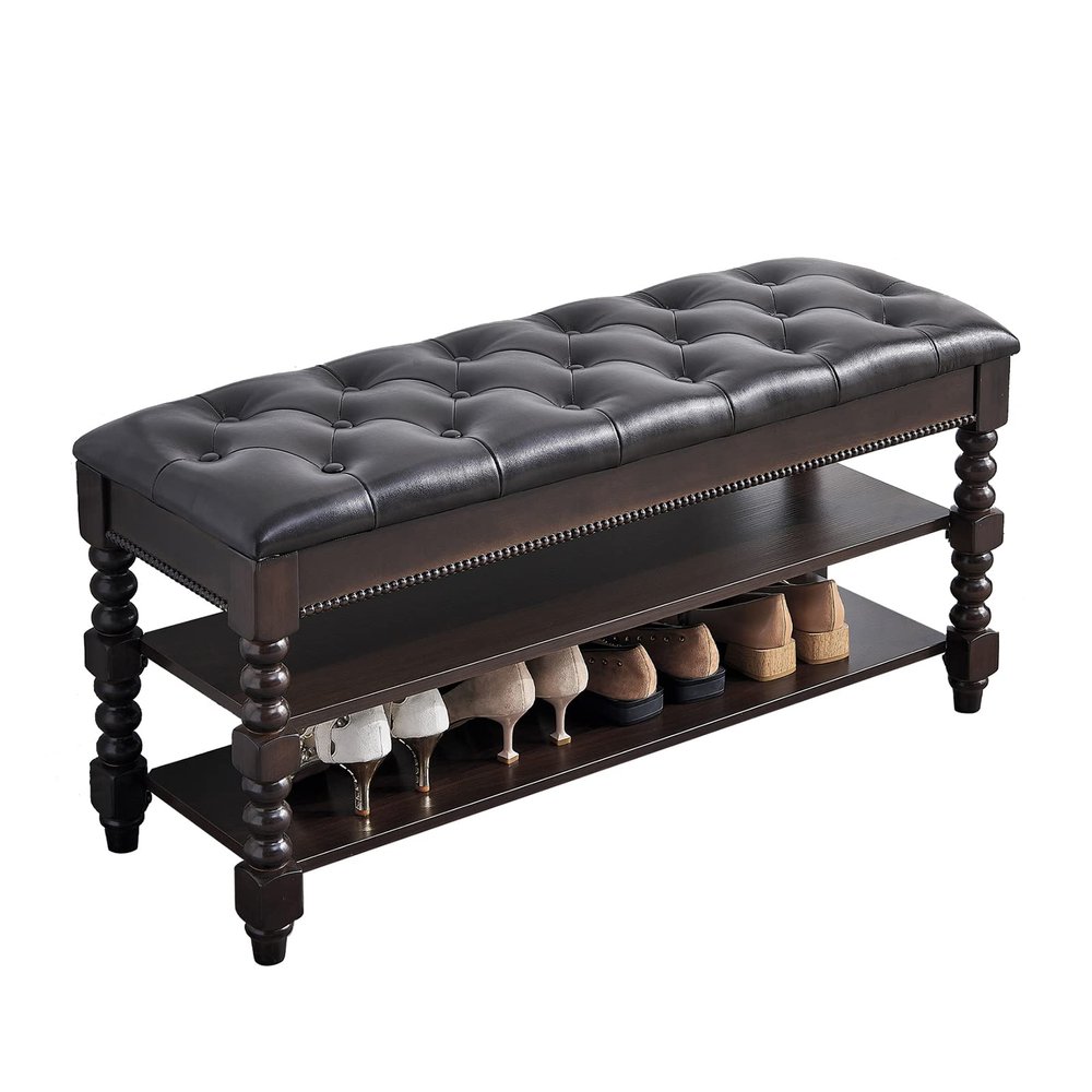 ZIRKOOON Shoe Storage Bench, Entryway Shoe Rack with Leather Seat 2-Tier Lift-top Organizer Wooden Bench for Foyer Bedroom Living Room Accent Furniture (39.4'')