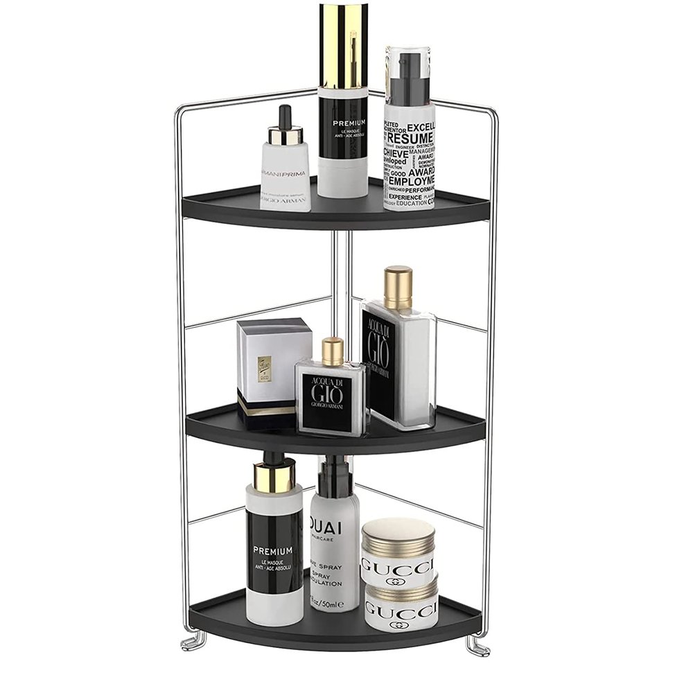 3-Tier Bathroom Countertop Organizer , Vanity Tray Cosmetic & Makeup Storage, Kitchen Spice Rack Standing Shelf , Corner Storage Shelf , Silver&Black