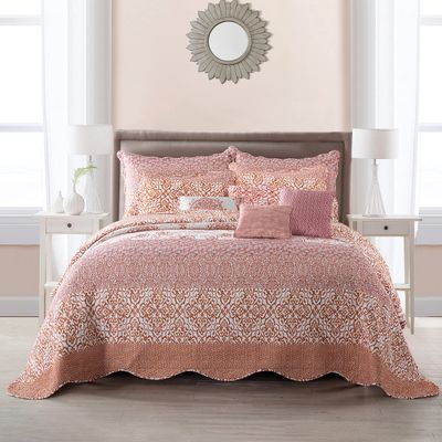 BYTIDE Bedspread Coverlet Oversized King 122" x 106" Floral Printed 9 Piece Quilt Set, Soft Lightweight Prewashed Bedding Set Bed Cover for All Season, Coral Chevron