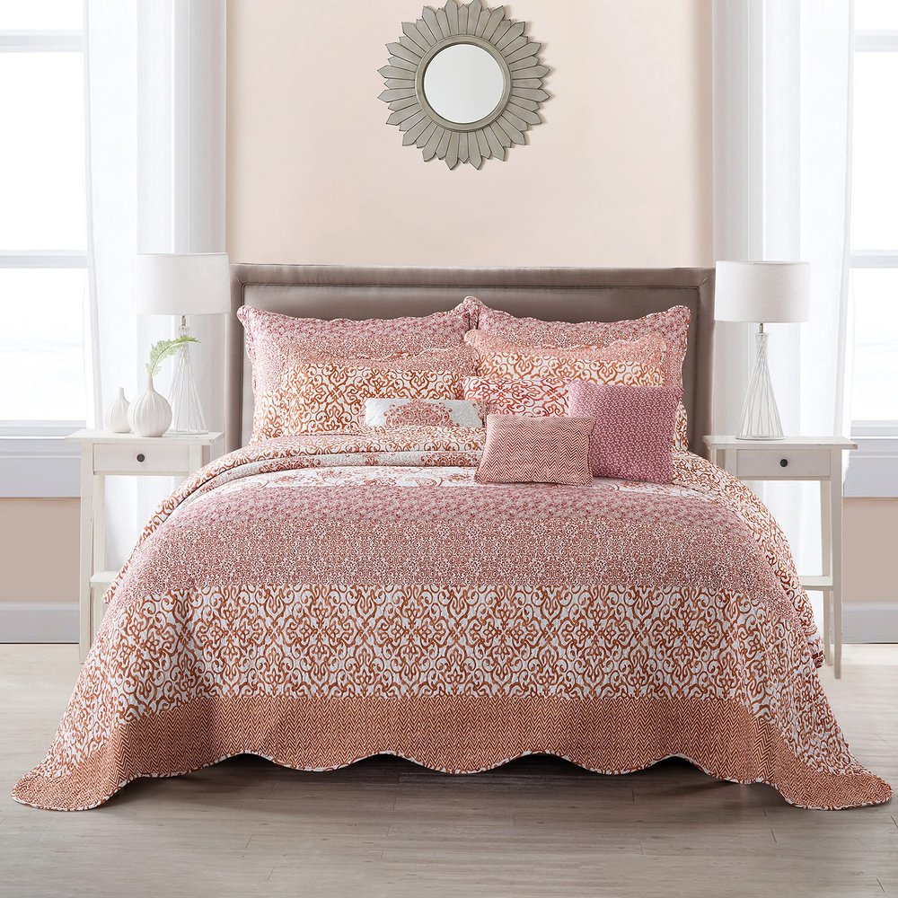 BYTIDE Bedspread Coverlet Oversized King 122" x 106" Floral Printed 9 Piece Quilt Set, Soft Lightweight Prewashed Bedding Set Bed Cover for All Season, Coral Chevron