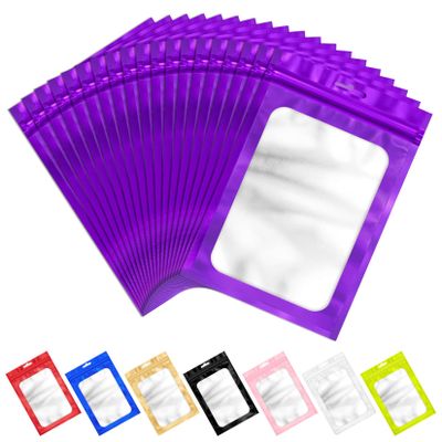 100 PCS Resealable Mylar Bags with Zip and Frosted Clear Window Smell Proof Packaging Bags Foil Pouch Zipper Bag for Food Self Sealing Storage Supplies (Purple, 6.29x9.44)
