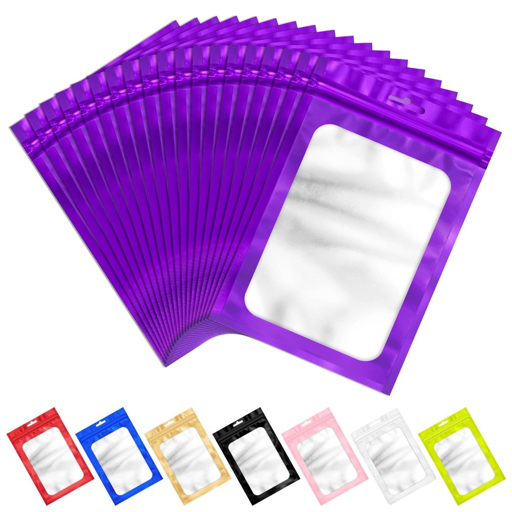 100 PCS Resealable Mylar Bags with Zip and Frosted Clear Window Smell Proof Packaging Bags Foil Pouch Zipper Bag for Food Self Sealing Storage Supplies (Purple, 6.29x9.44)