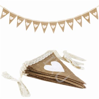 YUNSI 12 Flags Jute Fabric Bunting Banner White Heart lace 2.5m Vintage Wedding Party Burlap Banners Rustic Wedding Decoration