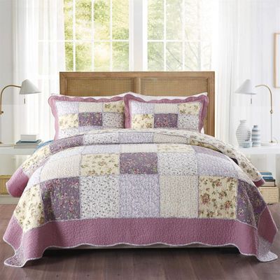 ABREEZE Purple Rose Floral Patchwork Quilts Cotton Queen Size Quilted Comforter Set Rustic Country Coverlet Bedspread Set 3-Piece