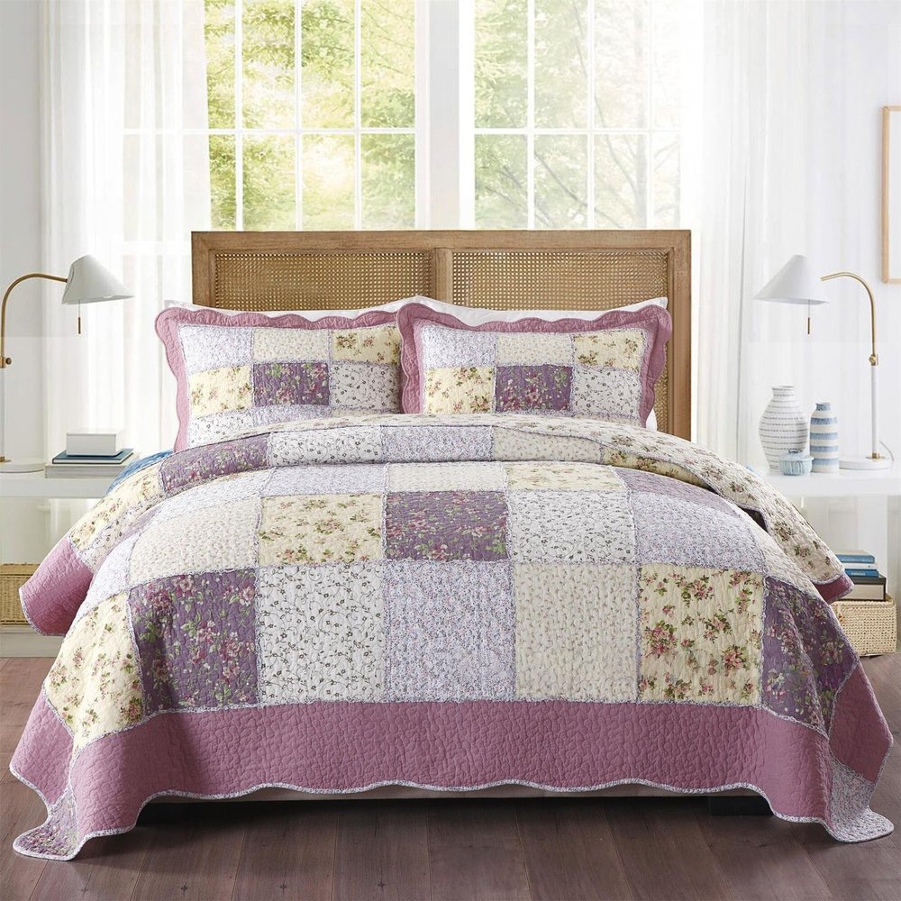 ABREEZE Purple Rose Floral Patchwork Quilts Cotton Queen Size Quilted Comforter Set Rustic Country Coverlet Bedspread Set 3-Piece