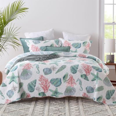 ABREEZE Coastal Beach Quilt Set with Shams Cotton Bedspread Coverlet Ocean Bedding Set Sea Shell Conch Coral Starfish Oversized Quilt,King,3 Pieces