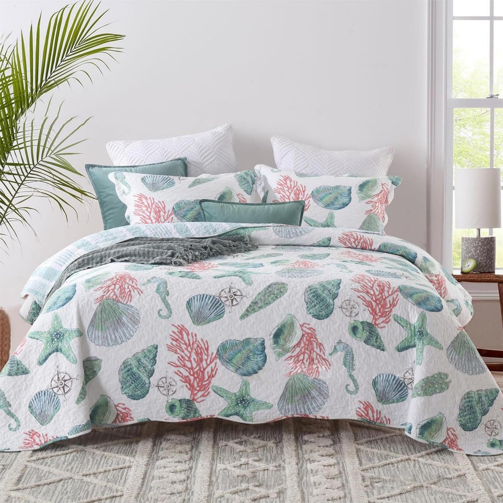 ABREEZE Coastal Beach Quilt Set with Shams Cotton Bedspread Coverlet Ocean Bedding Set Sea Shell Conch Coral Starfish Oversized Quilt,King,3 Pieces