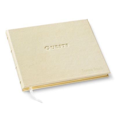 Gallery Leather Personalized Guest Book for Wedding Reception - Custom Guest Signing Book with Bookmark, add Polaroid Photos, Hardcover - Freeport Ivory