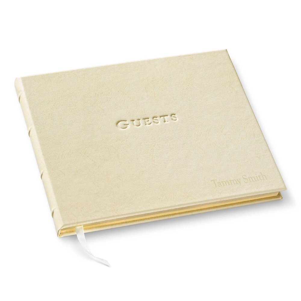 Gallery Leather Personalized Guest Book for Wedding Reception - Custom Guest Signing Book with Bookmark, add Polaroid Photos, Hardcover - Freeport Ivory