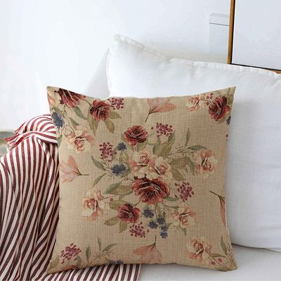 Decorative Farmhouse Square Throw Pillow Cover Linen Watercolor Botanical Flowers Leaves Floral Pattern Vintage Beige Burgundy Grass Modern Original Cushion Case for Sofa Bedroom Car 20x20 Inch