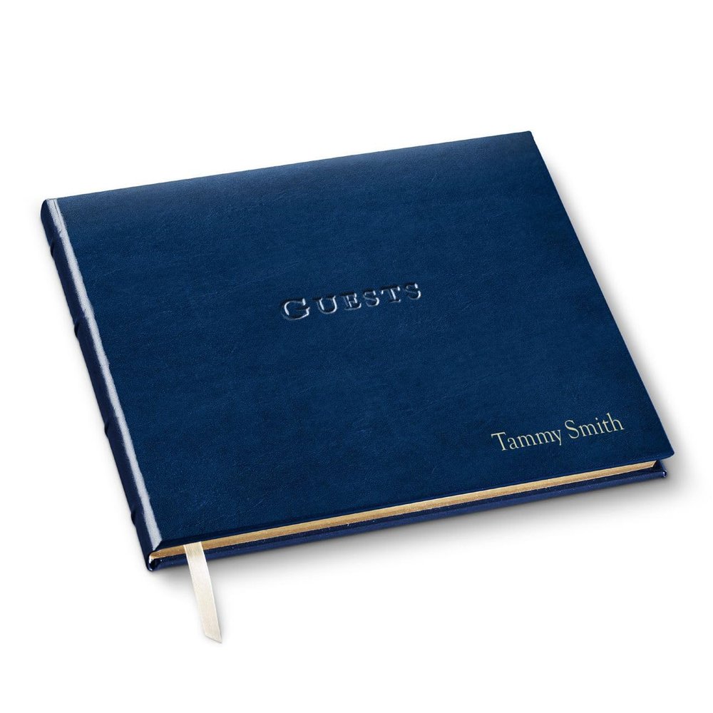 Gallery Leather Personalized Guest Book for Wedding Reception - Custom Guest Signing Book with Bookmark, add Polaroid Photos, Hardcover - Acadia Navy