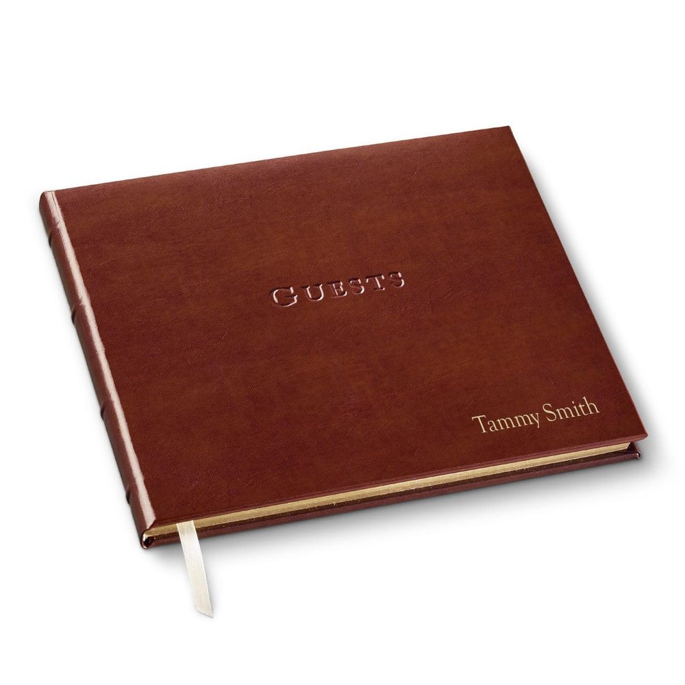 Gallery Leather Personalized Guest Book for Wedding Reception - Custom Guest Signing Book with Bookmark, add Polaroid Photos, Hardcover - Acadia Tan