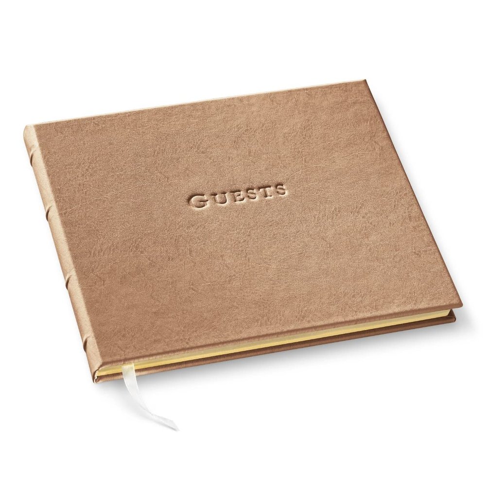 Gallery Leather Personalized Guest Book for Wedding Reception - Custom Guest Signing Book with Bookmark, add Polaroid Photos, Hardcover - Freeport Metallic Rose Gold