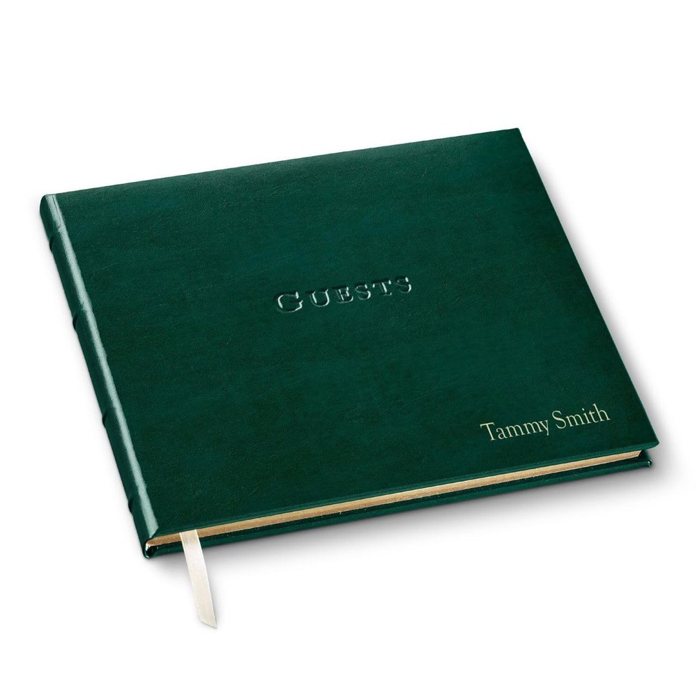 Gallery Leather Personalized Guest Book for Wedding Reception - Custom Guest Signing Book with Bookmark, add Polaroid Photos, Hardcover - Acadia Green