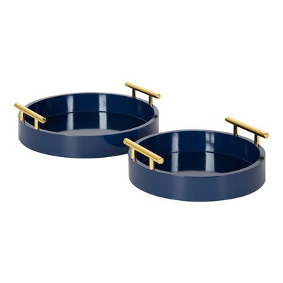Kate and Laurel Lipton Modern Round Tray Set; Set of 2; Navy Blue and Gold; Glam Decorative Tray Set for Storage and Display