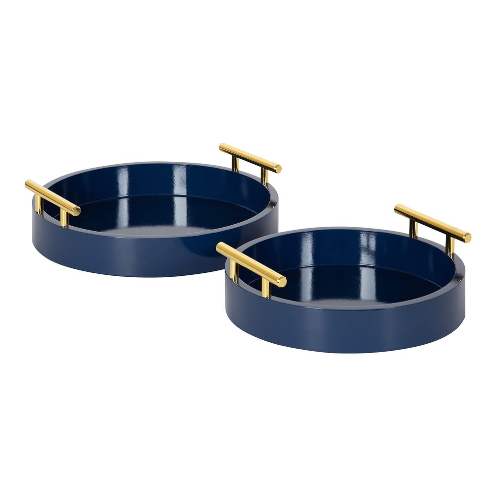 Kate and Laurel Lipton Modern Round Tray Set; Set of 2; Navy Blue and Gold; Glam Decorative Tray Set for Storage and Display