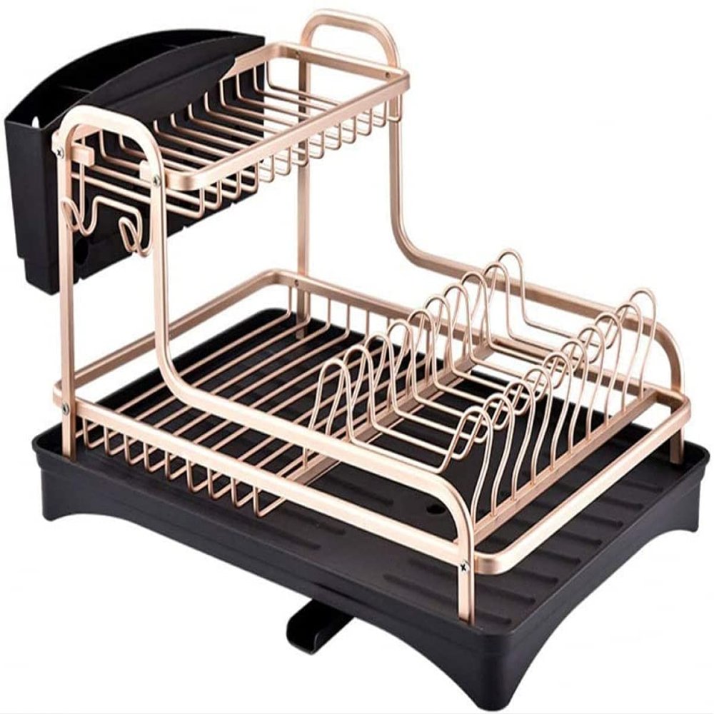 qiuqiu 2-Tier Draining Rack, Aluminum Crockery Basket, Draining Grid with Drip Tray, Cutlery Holder and Plate Rack for Kitchen Crockery, Sink, Sink, Organizer