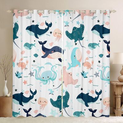 Erosebridal Kids Whale Window Treatments Dolphin Marine Life Window Curtains for Boys Girls Room Cartoon Octopus Sea Animal Curtains Underwater World Window Drapes White 2 Panel 52" Wx63 L