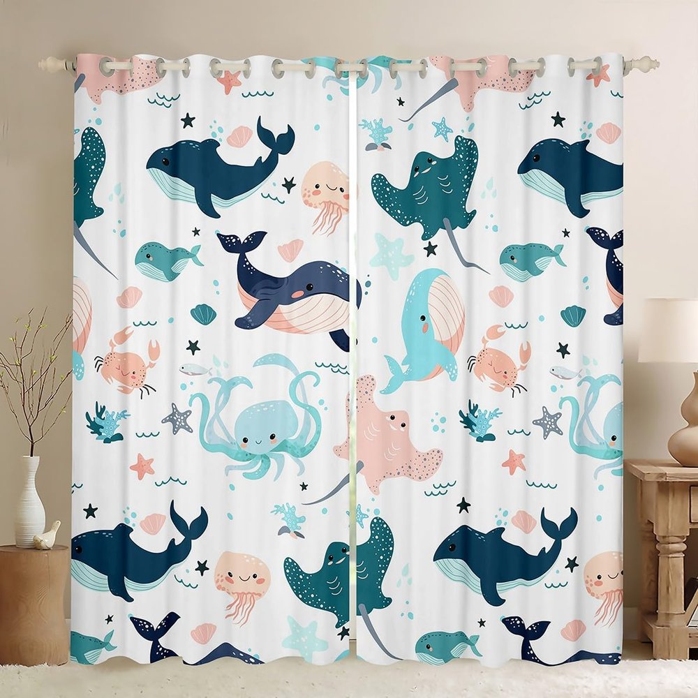 Erosebridal Kids Whale Window Treatments Dolphin Marine Life Window Curtains for Boys Girls Room Cartoon Octopus Sea Animal Curtains Underwater World Window Drapes White 2 Panel 52" Wx63 L
