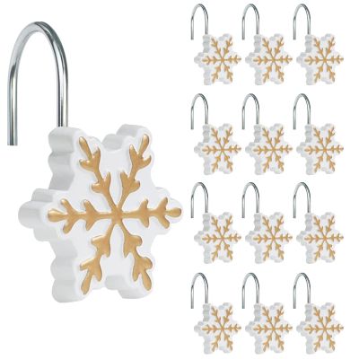 Sunlit Christmas Shower Curtain Hooks Snowflakes Shower Curtain Rings, Resin, White and Gold Christmas Decor, Winter Bathroom Decoration - 12 Pack