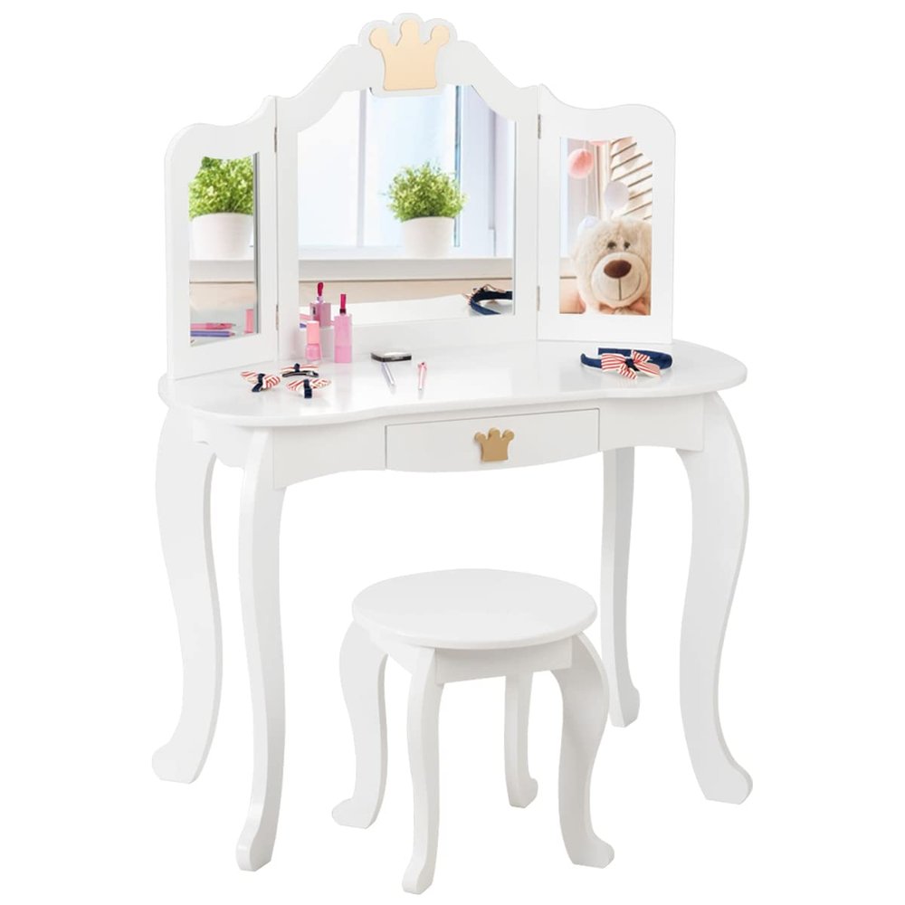 KOTEK Kids Vanity Set w/Tri-Folding Mirror, Princess Makeup Dressing Table w/Detachable Top & Drawer, 2-in-1 Vanity Table and Chair Set, Crown Pretend Beauty Play Vanity for Girls (White)