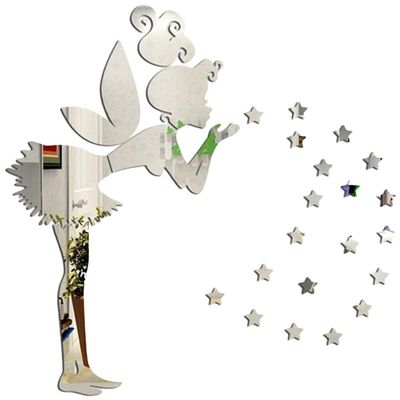 Wall Stickers,3D Mirror Wall Decal,DIY Acrylic Fairy Decor Angel Fairy Little Girl and Stars Wall Decoration