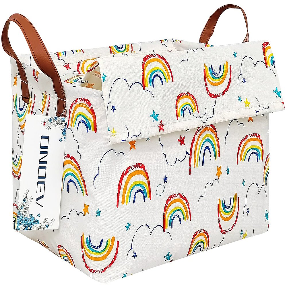 ONOEV Rectangular Fabric basket with cover and handle, decorative basket and closet storage box for clothes, books and sundriesrainbow with lid, 14.9x10.2x9.05 Inch (Pack of 1)