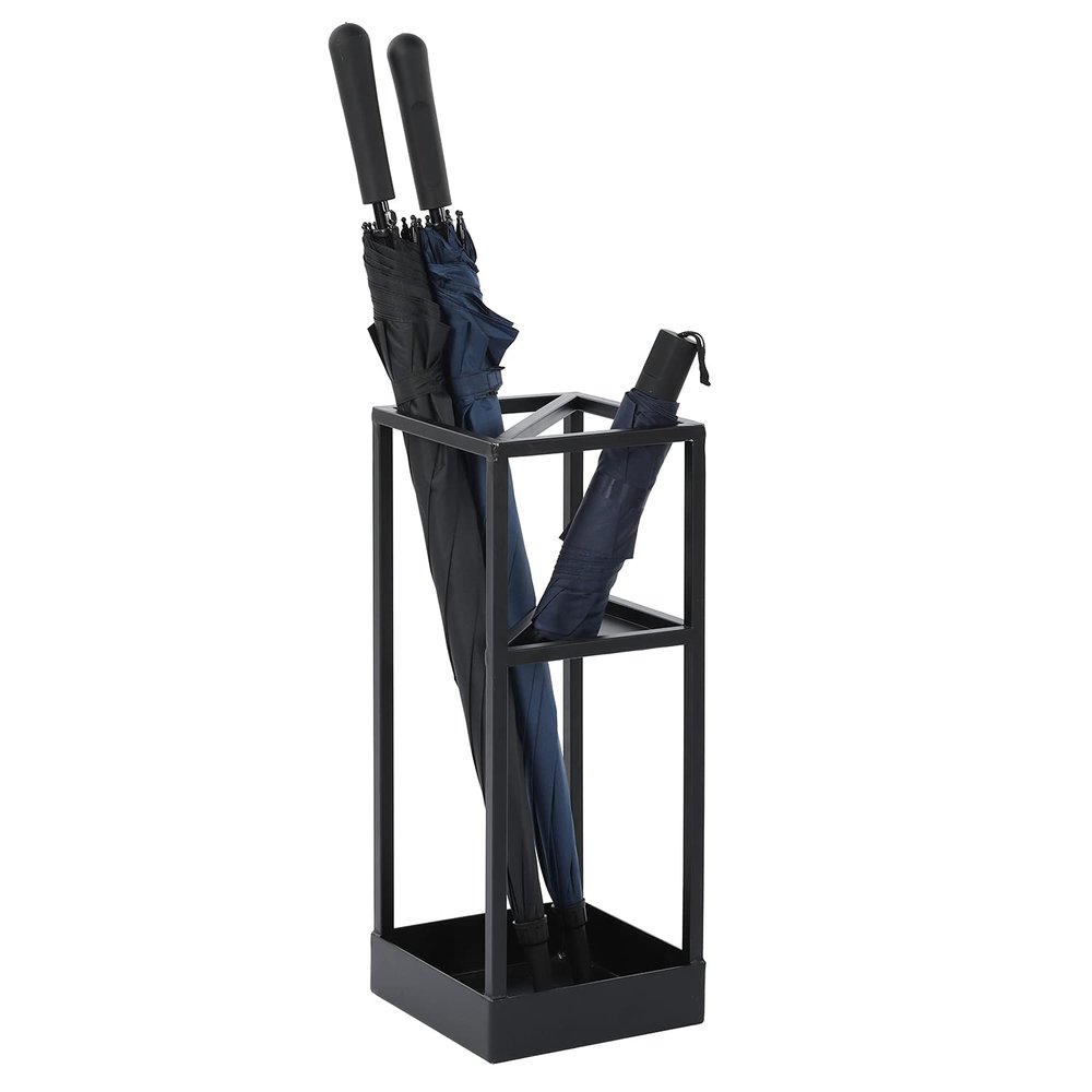 MyGift Umbrella Stand,Umbrella Holder for Entryway,20 Inch Tall Modern Metal Geometric Freestanding Umbrella Rack or Cane Holder with Shelf for Small Umbrellas and Bottom Drip Tray (Black)
