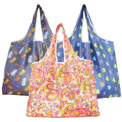 TDA Trading (3 Pack) Extra Large Reusable Grocery Bags 50LBS Weight Capacity Foldable & Washable Shopping Bags Sturdy Eco-Friendly Nylon Cute Groceries Tote Bags with Pouch (Feathers, Paisley, Hearts)