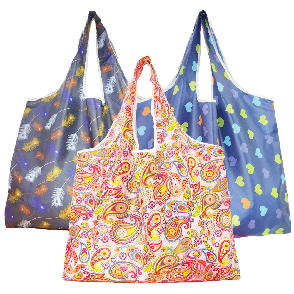 TDA Trading (3 Pack) Extra Large Reusable Grocery Bags 50LBS Weight Capacity Foldable & Washable Shopping Bags Sturdy Eco-Friendly Nylon Cute Groceries Tote Bags with Pouch (Feathers, Paisley, Hearts)