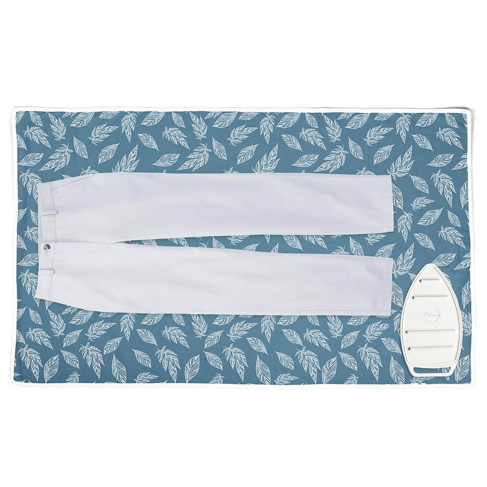 Encasa XO Ironing Mat/Pad (Large 48"x28") with 3mm Padding & Silicone Iron Rest for Steam Pressing on Tabletop or Bed - Heat Resistant, Portable, Quilting & Travel Blanket - Big Leaves Blue