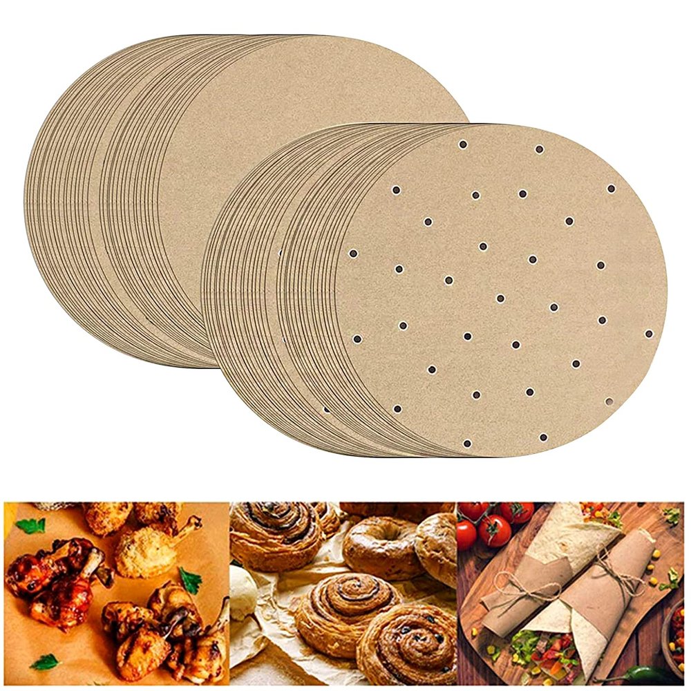 200pcs Unbleached Air Fryer Liners, Ovelur 7 inches Bamboo Steamer Liners, Premium Perforated Parchment Steaming Papers, Non-stick Steamer Mat, Perfect for 3.2 & 3.7QT Air Fryers/Baking/Cooking