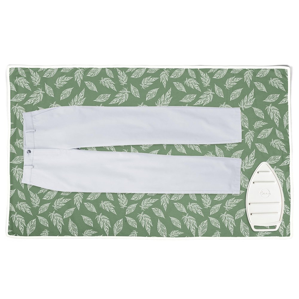 Encasa XO Ironing Mat/Pad (Large 48"x28") with 3mm Padding & Silicone Iron Rest for Steam Pressing on Tabletop or Bed - Heat Resistant, Portable, Quilting & Travel Blanket - Big Leaves Green