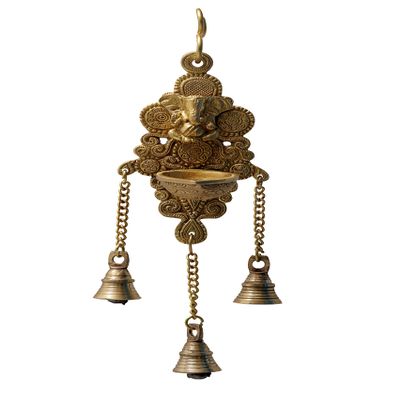 BHARAT HAAT Brass Wall Hanging Ganesh with Diya and Bell Beautiful Design Showpiece Medium Size Traditional Ganesha Ganpati Bappa Carving Work Decor Handicraft Art (3.8 x 3 x 12 inch, Yellow)