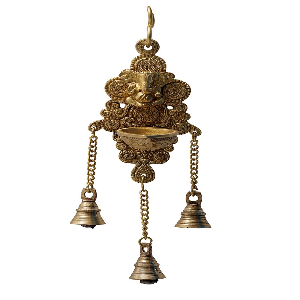 BHARAT HAAT Brass Wall Hanging Ganesh with Diya and Bell Beautiful Design Showpiece Medium Size Traditional Ganesha Ganpati Bappa Carving Work Decor Handicraft Art (3.8 x 3 x 12 inch, Yellow)