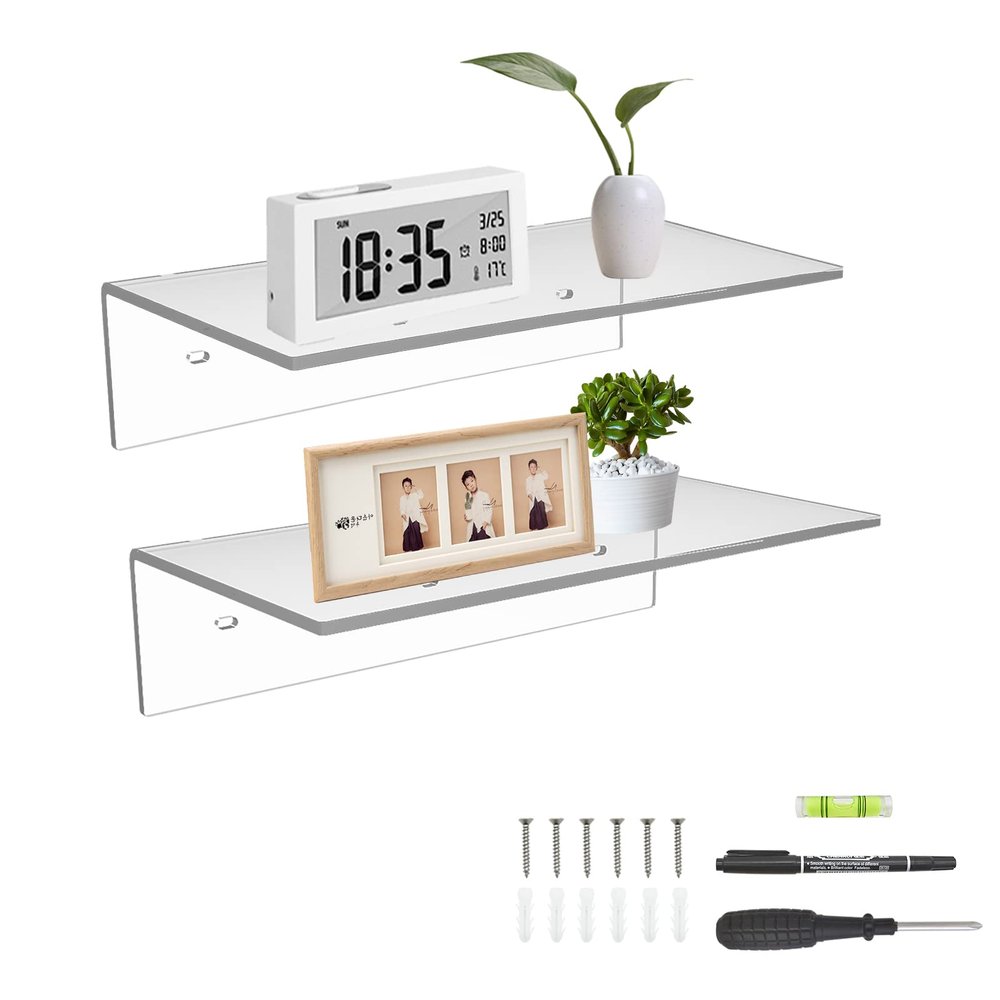 Sezanrpt 12 Inches Acrylic Wall Shelves 2 Pack, Floating Shelf for Wall Mounting, Acrylic Display Ledges for Funko Pop Figures, Home Dcor, Living Room, Gaming Room, Plants(12 inch, Clear)