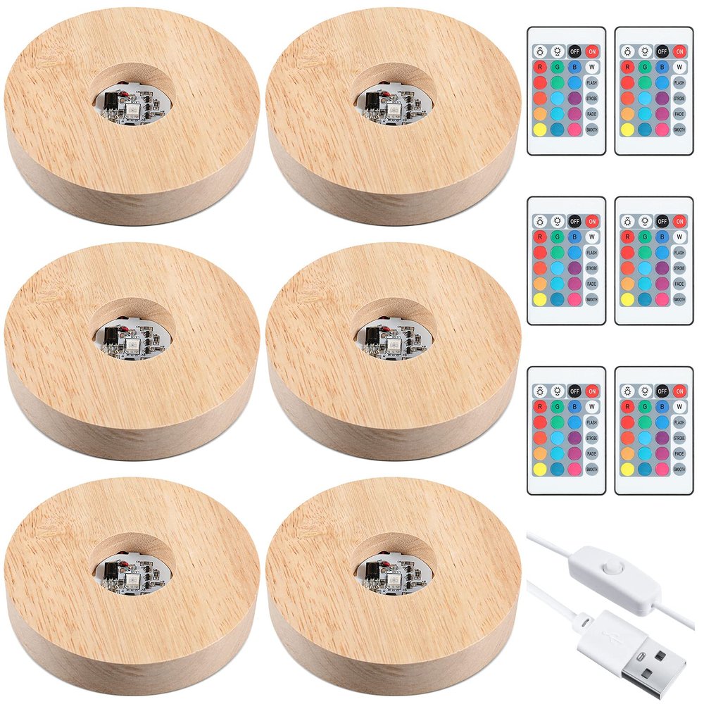 Honoson 3.94 Inch Wooden Light Stand Base Colorful LED Lights Display Base with Remote Control for Selenite Tower 3D Laser Crystal Glass Resin Art (6 Pieces)