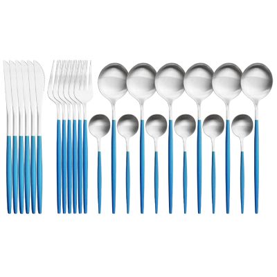 Blue Silver Stainless Steel Matte Silverware Set - 24 Piece Flatware Set Satin Finish Cutlery Utensil Set Service for 6 Include Knife Fork Spoon Best Gift for Housewarming Party Dishwasher Safe