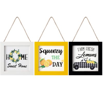 Blulu 3 Pieces Summer Lemon Wood Sign Lemon Kitchen Decor Hanging Wall Decor Wooden Art Sign Farmhouse Porch Decoration Accessories for Home Bedroom Bathroom Kitchen